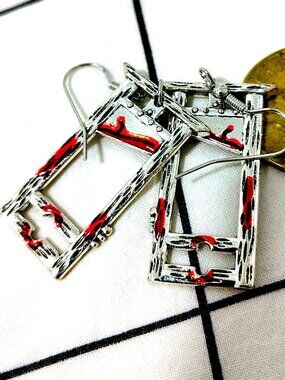 Silver & Red Enamel Guillotine Drop Earrings — Dark Academia Gothic Statement